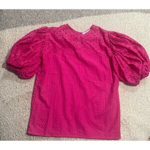 Margo Women's Size Small Embroidered Eyelet Short Puffed Sleeve Top Hot Pink